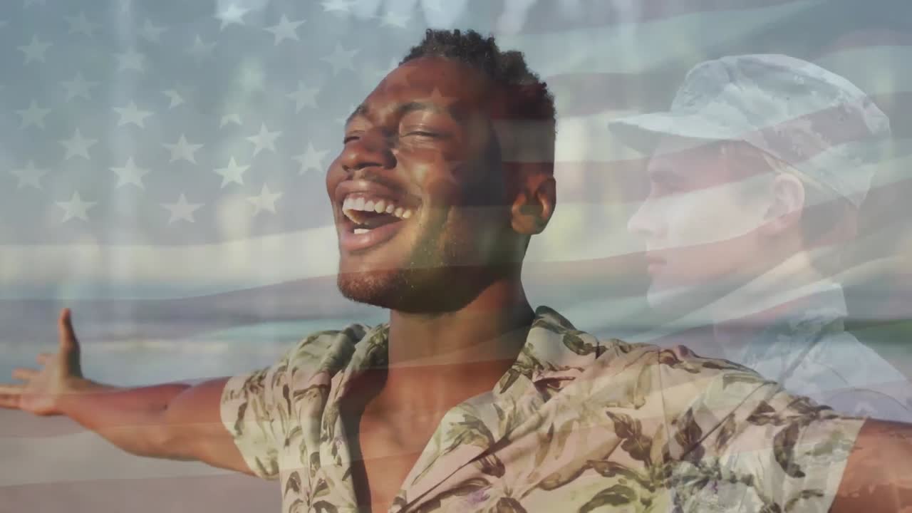Animation of flag of united states of america over soldier and african american man on beach