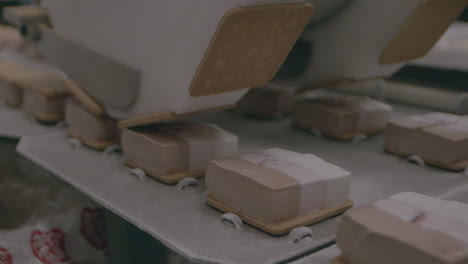food production conveyor belt showing two wheels adding biscuits onto ice cream sandwich