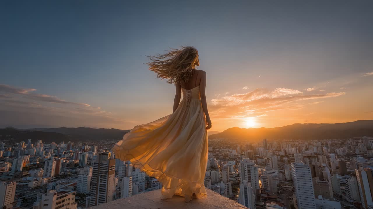 A Woman in a Flowing Dress Stands on a Rooftop Gazing at a Vibrant Sunset Over a City Skyline, Creating a Dreamy and Serene Atmosphere