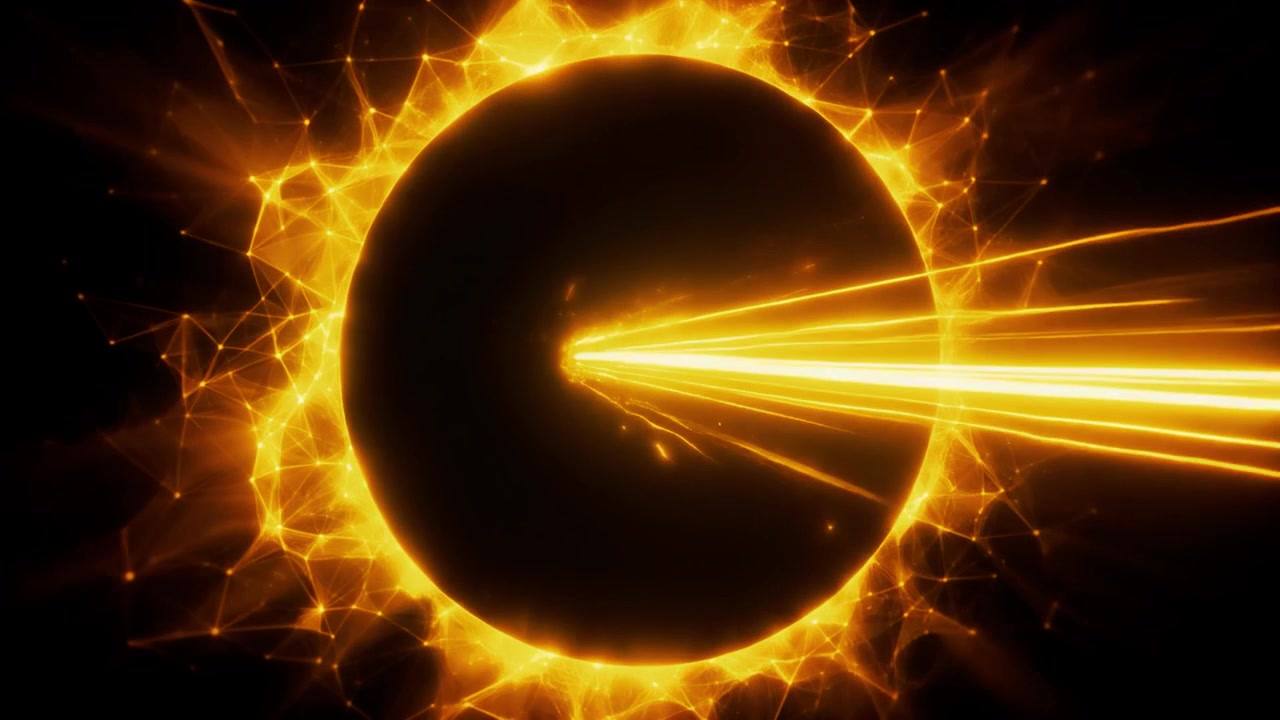 Eclissi Solare Dorata Astratta con Rete Geometrica Luminosa