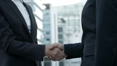 side view of businesswomen shaking hands on street