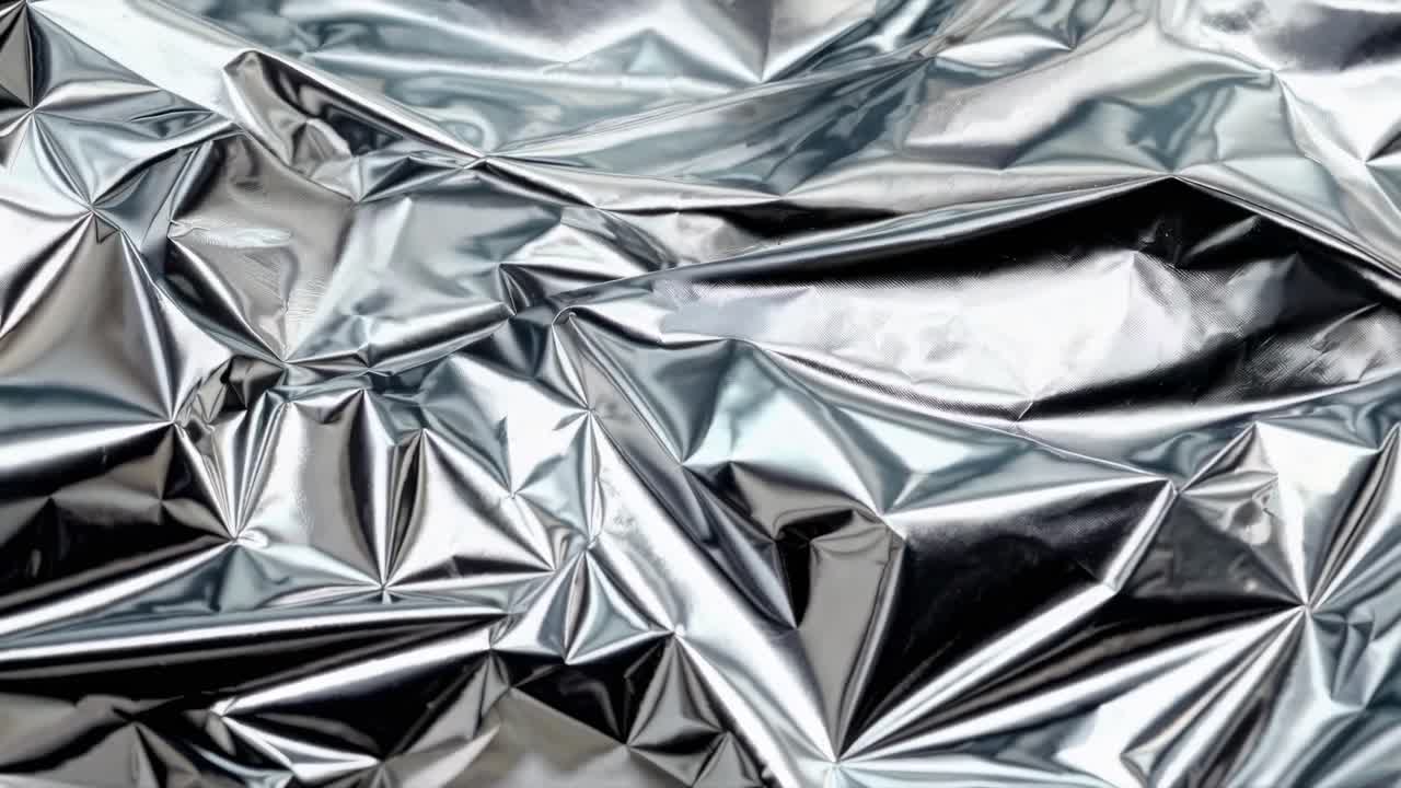 Video ravvicinato di foglio d'argento accartocciato, che ne cattura la texture riflettente e i motivi astratti.