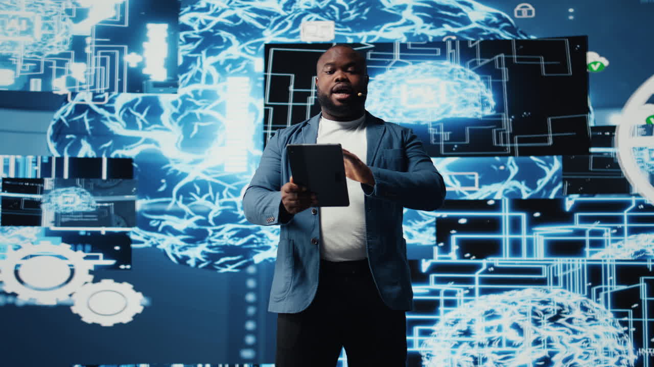 African american male specialist presenting deep learning AI systems