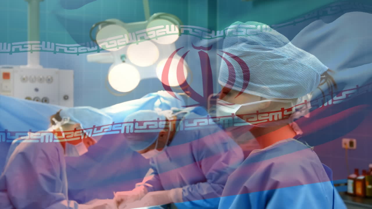 얼굴 마스크를 쓴 외과 의사 들 위 에 흔들리는 이란  ⁇ 발 의 애니메이션
