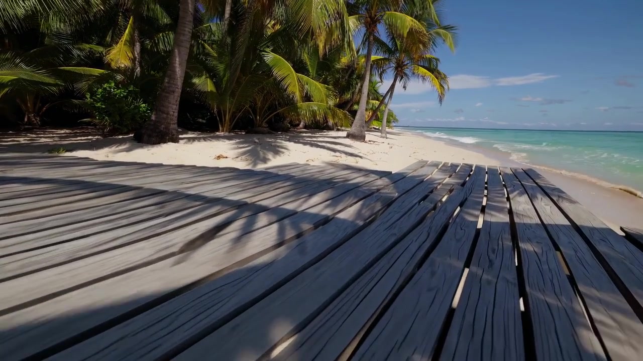 Træpromenade der fører til tropisk strand med palmer