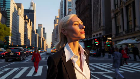 business woman in new york city sunset