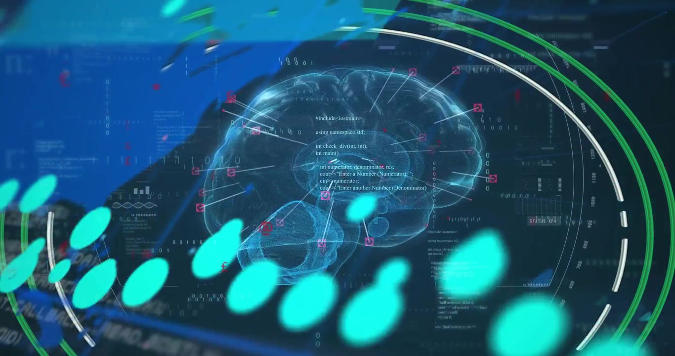Interface opening, 3D brain appearing, particles sweeping, nodes emerging, visualizing neural scan