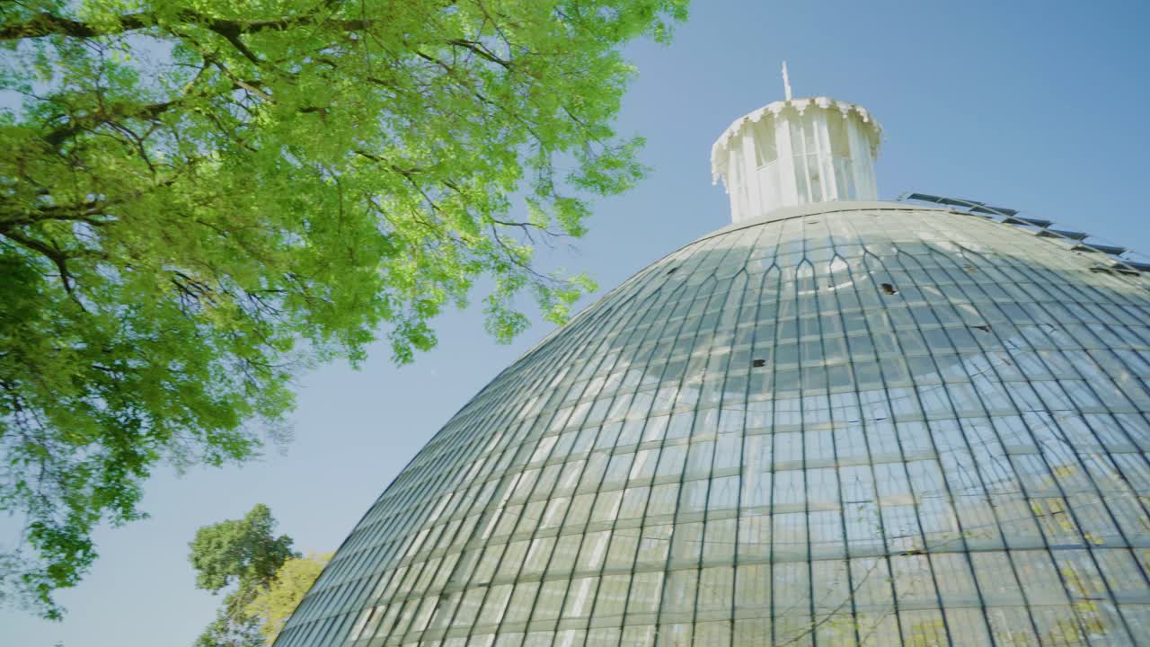 cúpula de cristal del parque rodeada de árboles verdes