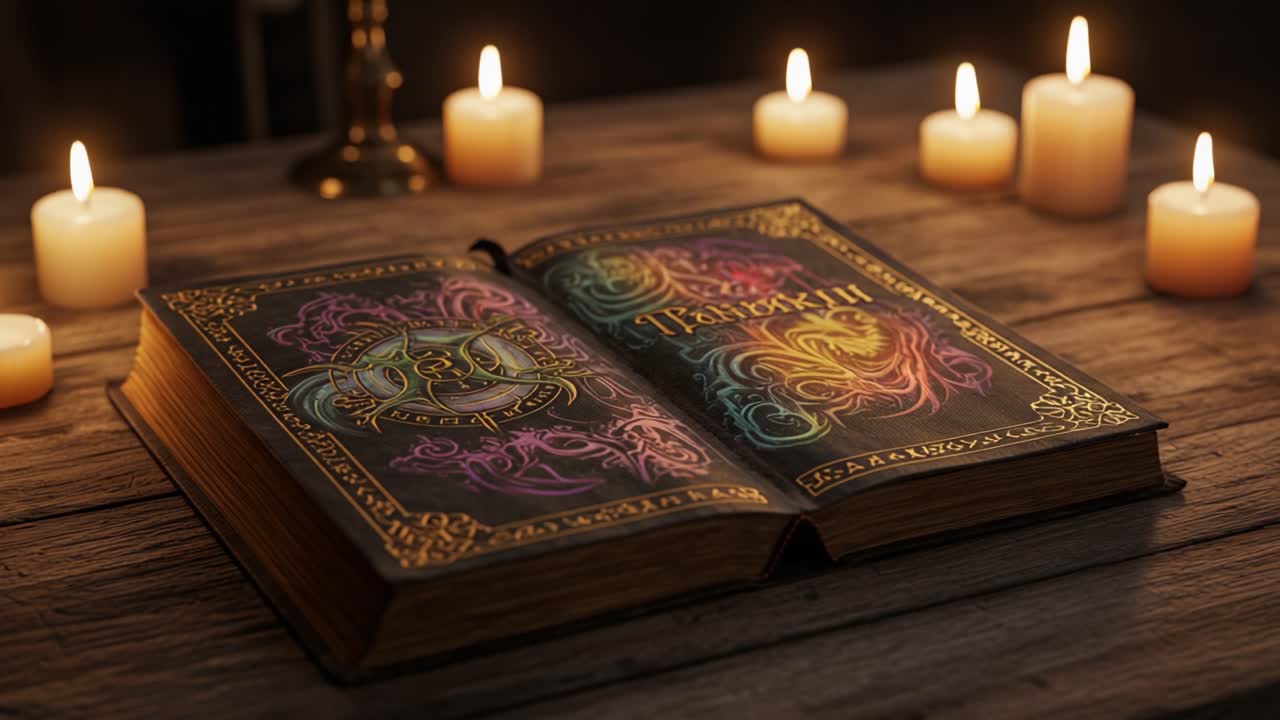 An Enigmatic Book Unveils Mystical Secrets Beneath the Warm Glow of Candles, Inviting the Curious to Explore Its Intricate Designs and Hidden Knowledge