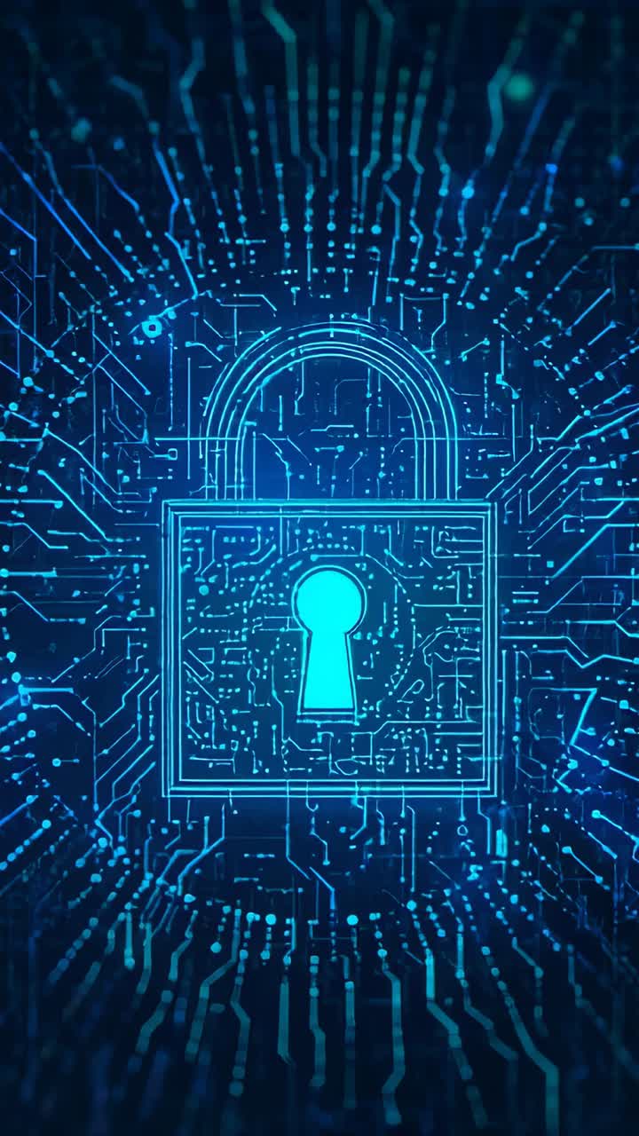 Vertical video: Responding to particle flow, neon-blue padlock forming keyhole in circuitry