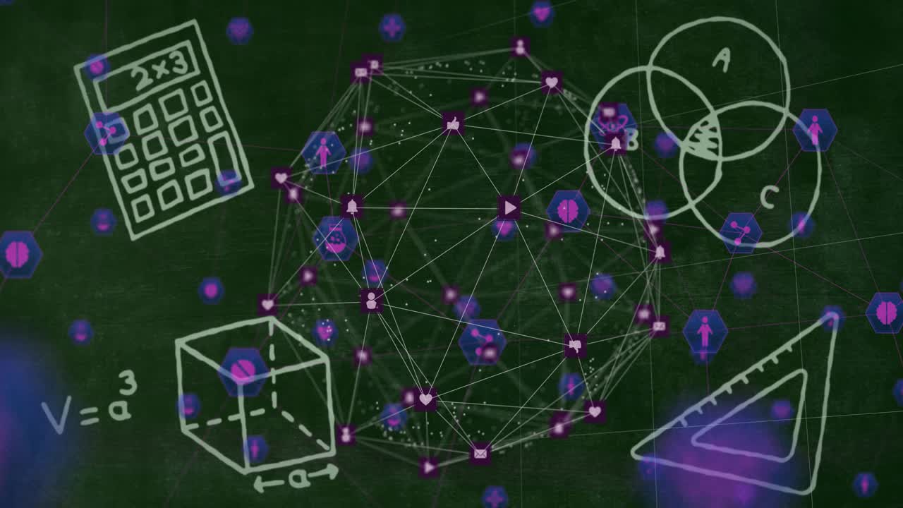 On animation start network sphere attracting floating purple-blue icons showing social interaction