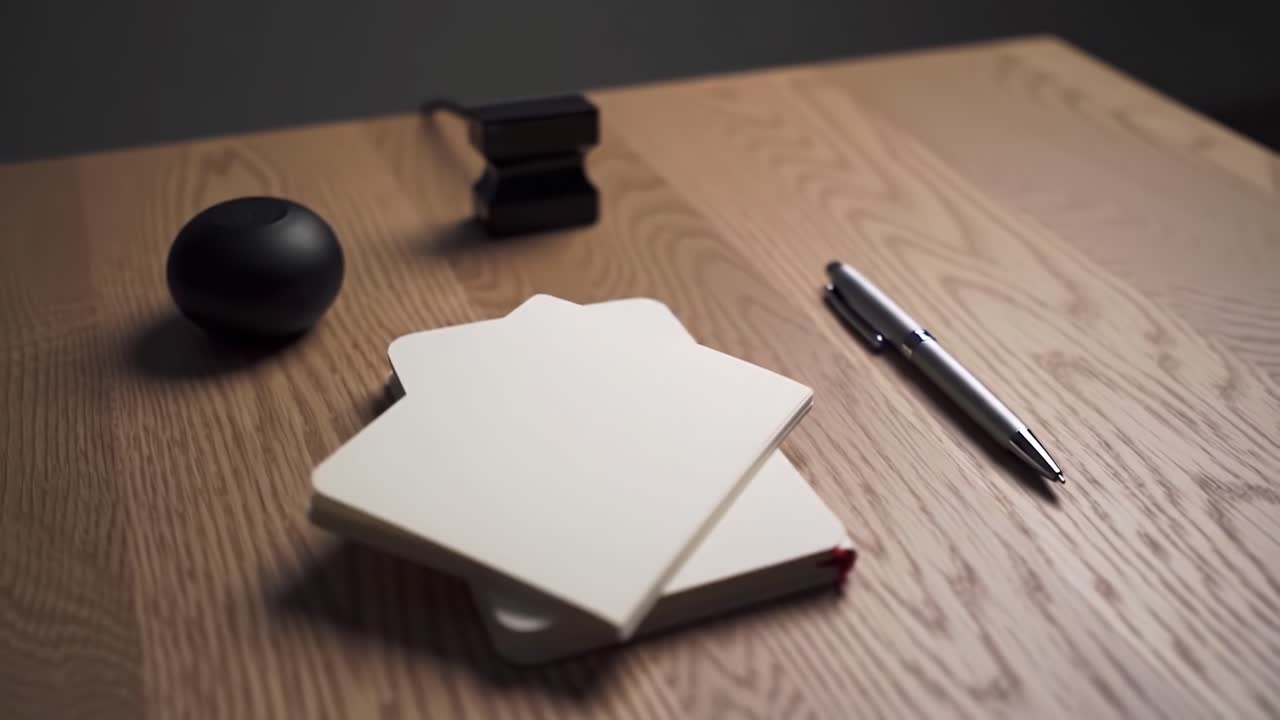 A Minimalistic Workspace Featuring Blank Notebooks, a Stylish Pen, and a Sleek Accessory Arrangement on a Warm Wooden Surface