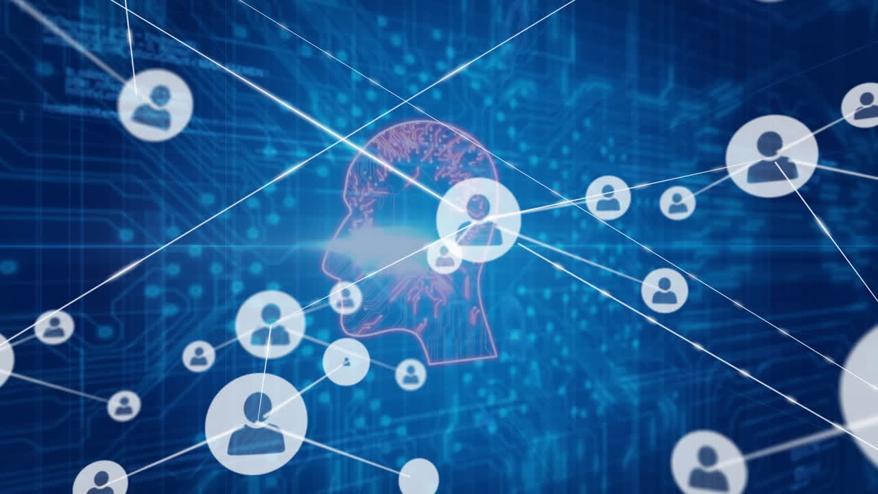 Network of connections and data processing animation over digital brain illustration