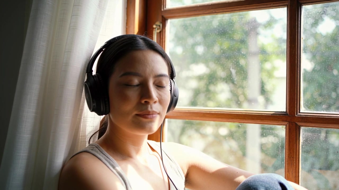 Sol filtrado pela janela tocando suavemente uma mulher de regata e fones de ouvido, fechando os olhos no assento da janela, sorrindo.