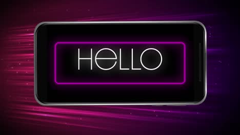 Digital-animation-of-hello-text-on-neon-rectangle-frame-against-light-trails-on-purple-background