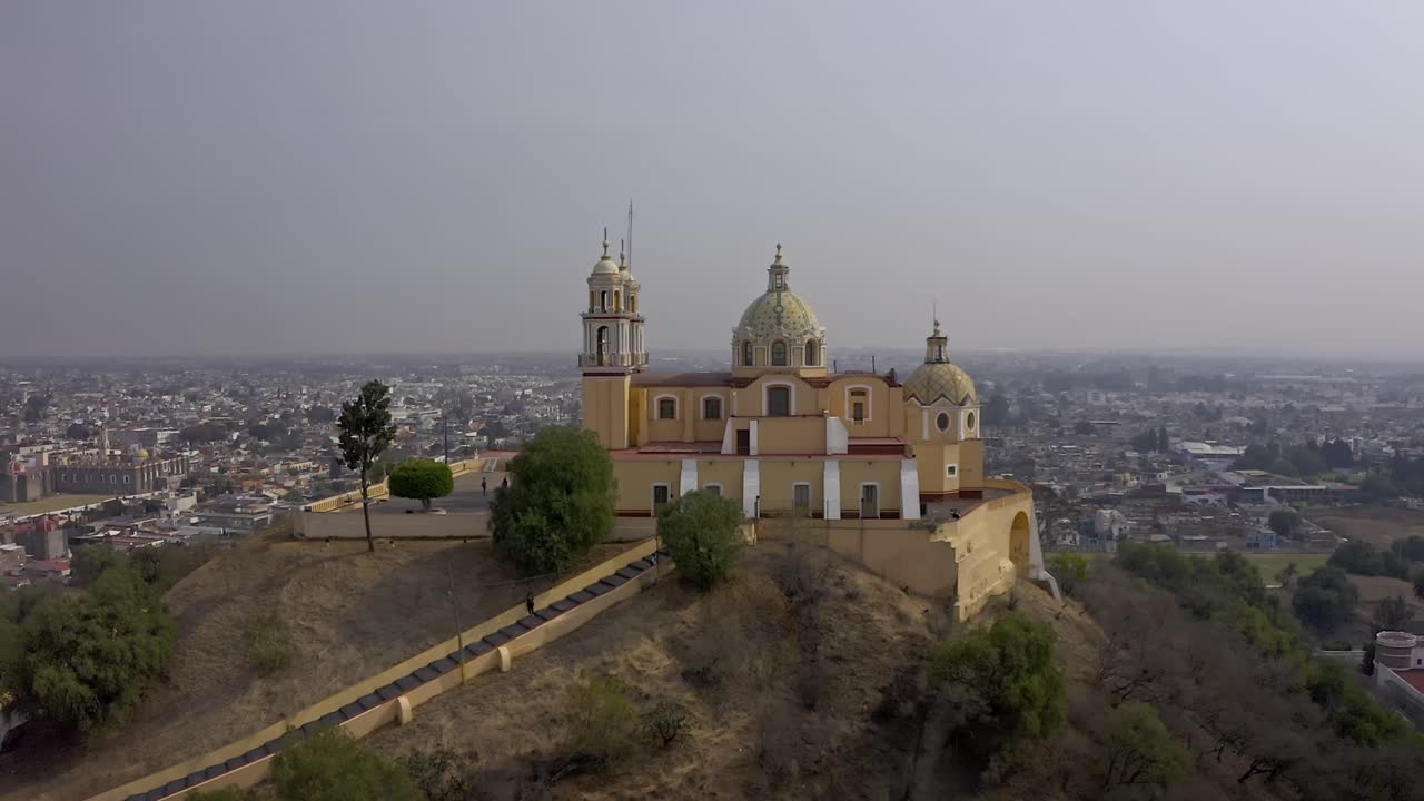 Aerial view of the Church of Our Lady of Remedies in Cholula, Puebla, Mexico