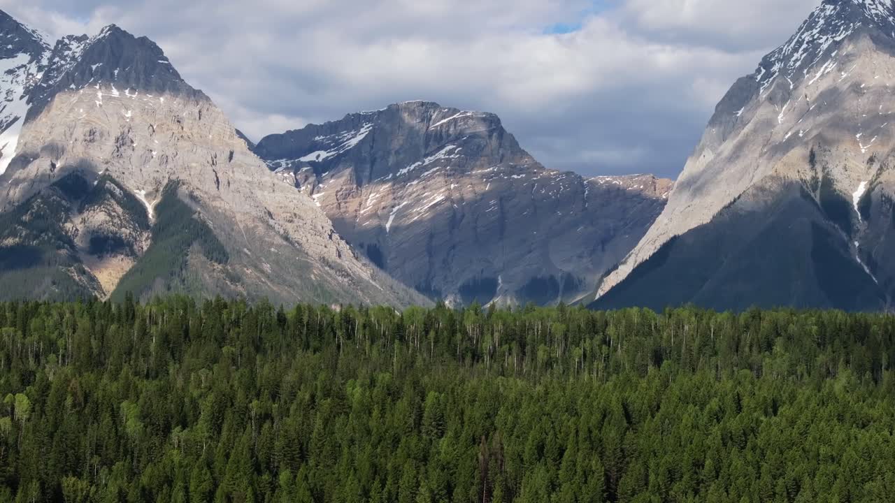 drone que se eleva revelando altas montañas nevadas y un vasto bosque de pinos desierto cerca de banff y yoho parque nacional en canadá bajo un cielo parcialmente nublado