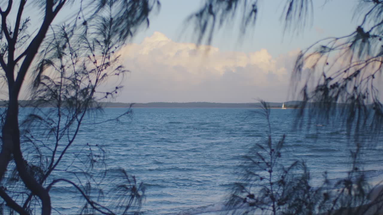 한 무리의 사람들이 푹신한 구름 속으로 쏟아지는 파스텔 블루와 핑크로 가득 찬 하늘 아래 모래사장 해변에서 수영을 하고 오후의 차가운 푸른 바다에서 튀어 나옵니다.