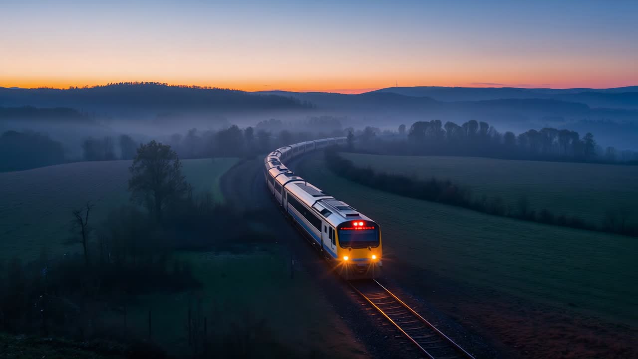 Approaching passenger train moving along curved rural track at dawn, headlights and red marker lit