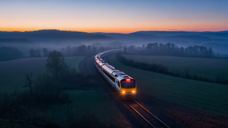 Approaching passenger train moving along curved rural track at dawn, headlights and red marker lit