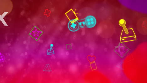 animación de formas geométricas, iconos y consolas de juegos sobre un fondo abstracto