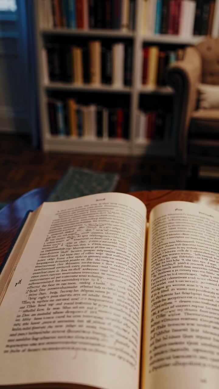 Un angolo lettura accogliente con un libro aperto in primo piano, ripreso da un'angolazione bassa.