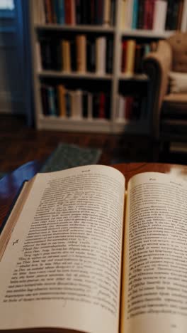 a cozy reading nook with an open book in the foreground, shot from a low angle