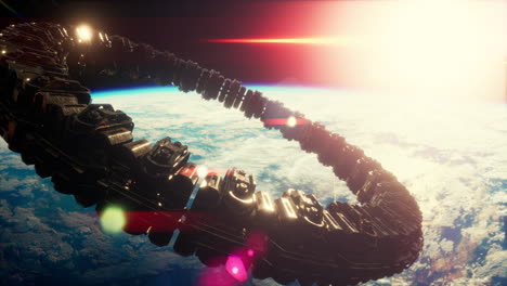 una enorme nave espacial muy detallada se acerca a la tierra.