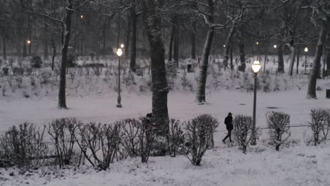 magical winter view of people walking in the lighted snowy city park at dusk - aerial lift up