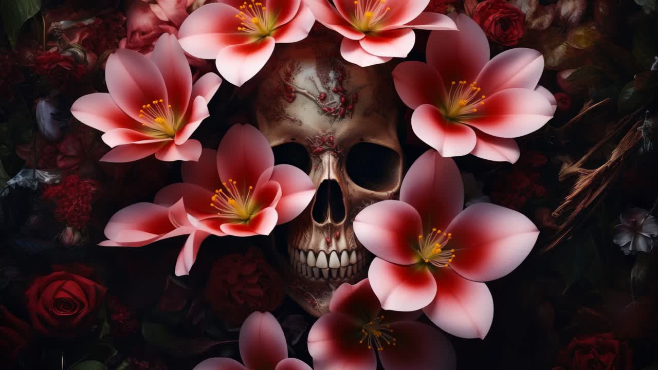 Vista aerea di un teschio circondato da vivaci fiori rossi e rosa, creando un effetto drammatico e gotico