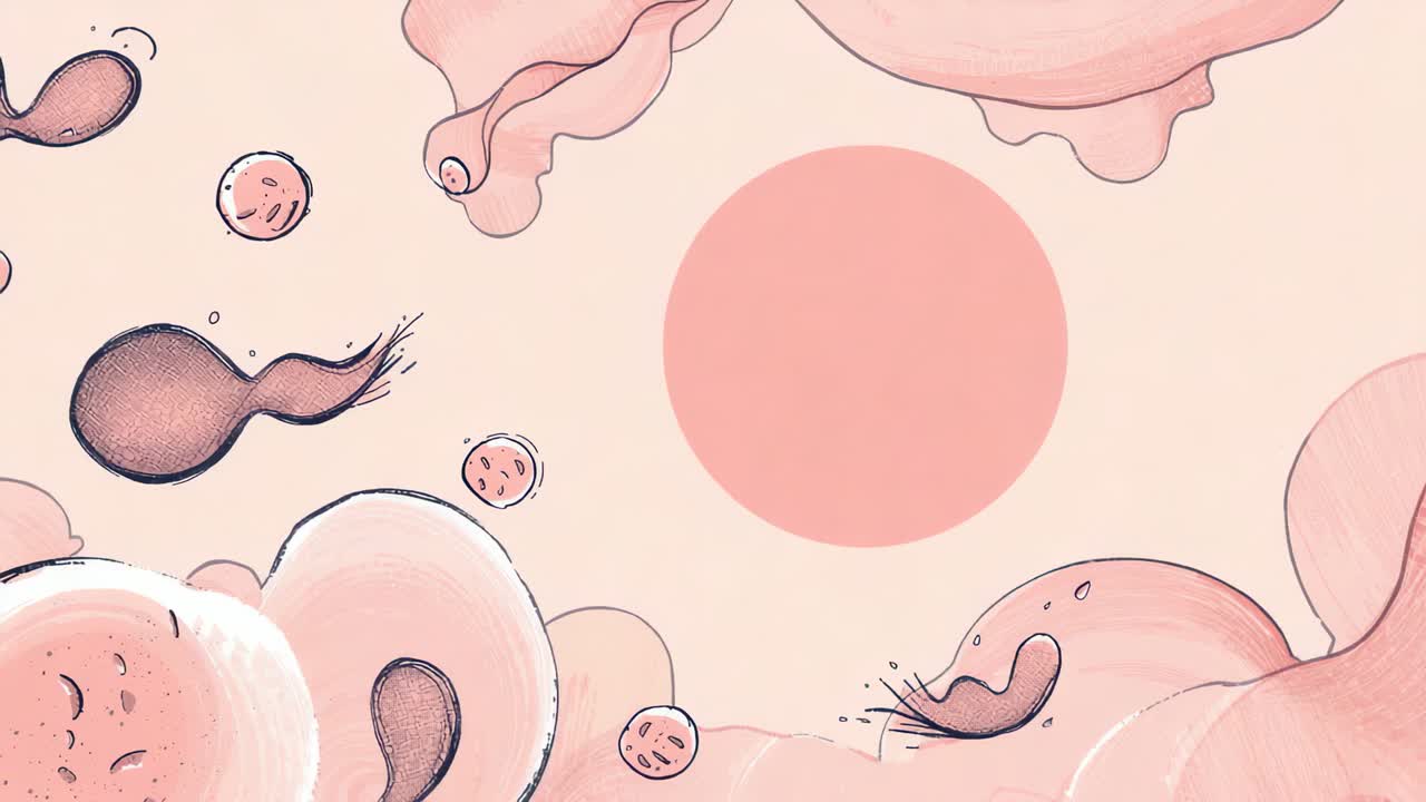 Rippling fluid pushing orbs and sperm toward rose circle on slide, new circle emerging on right