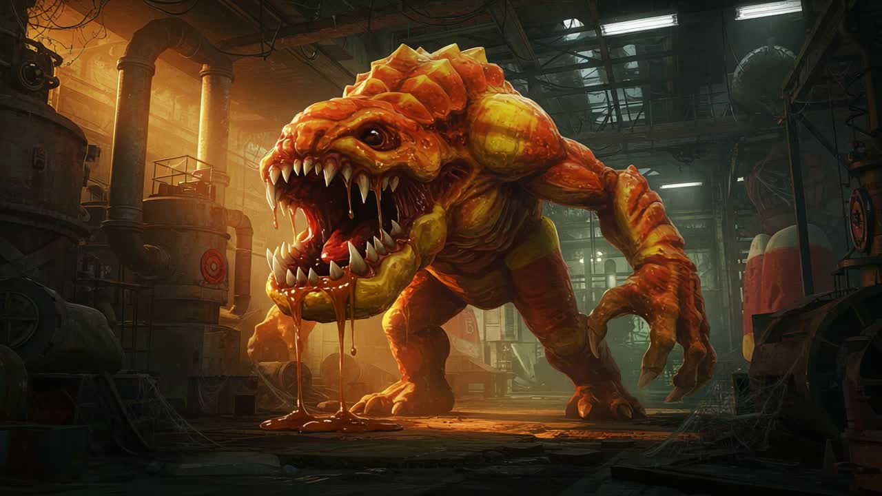 A menacing orange creature with sharp teeth and gaping mouth stands in a dimly lit industrial space, exuding a sense of danger and primal power in a surreal environment