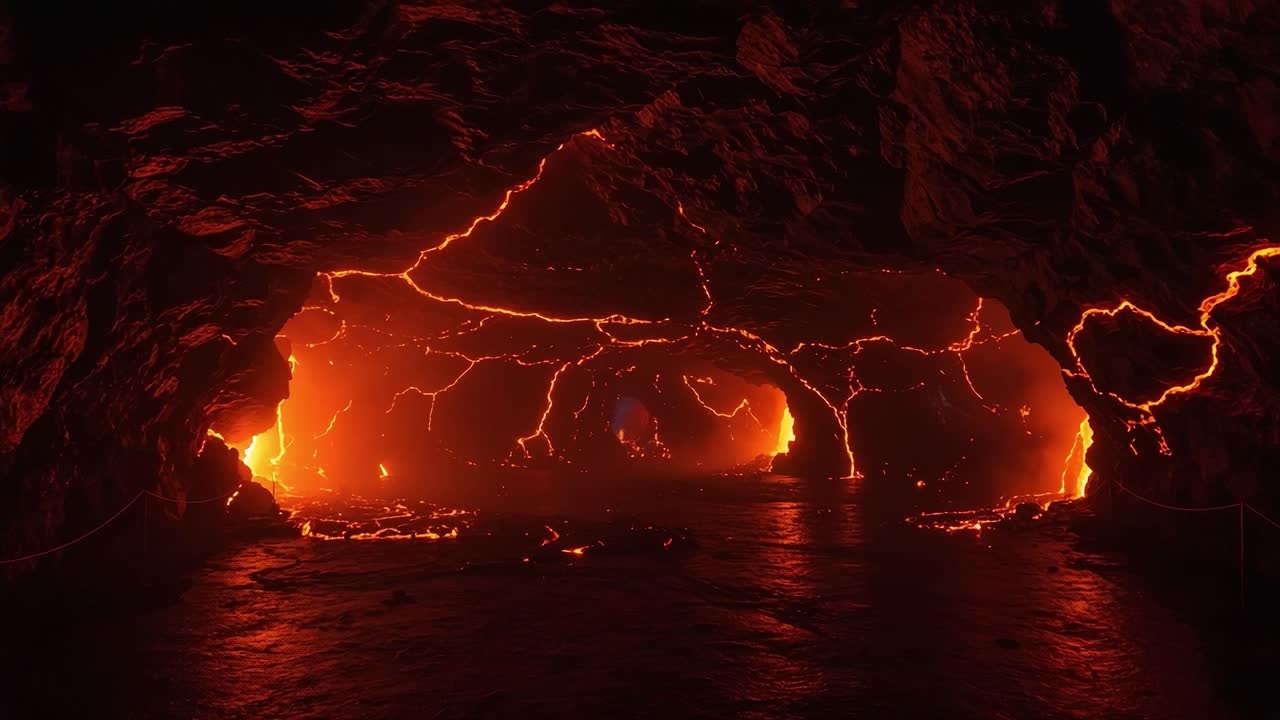 A Mesmerizing View of Lava Flow in an Underground Cave, Illuminating the Dark with Fiery Glows and Cracks, Capturing the Power and Beauty of Nature's Fury