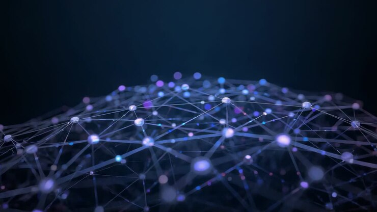 Dollying camera revealing domed node network in 3D space, showing sharper spheres and pulsing lines