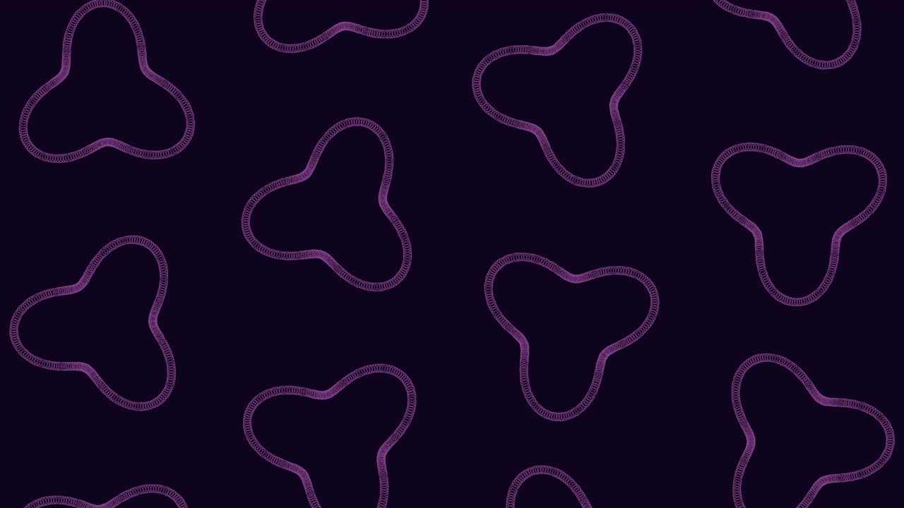 Curved lines and purple shapes seamless pattern on black background