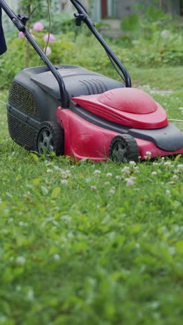 young boy cutting the grass with a lawn mower in summer time. outdoor seasonal household works vertical video