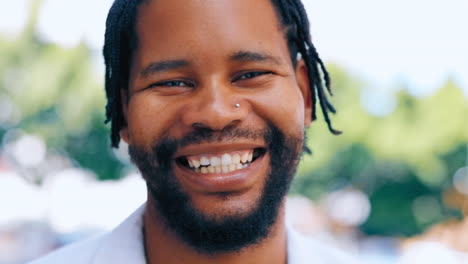 face, business and laughing black man in city