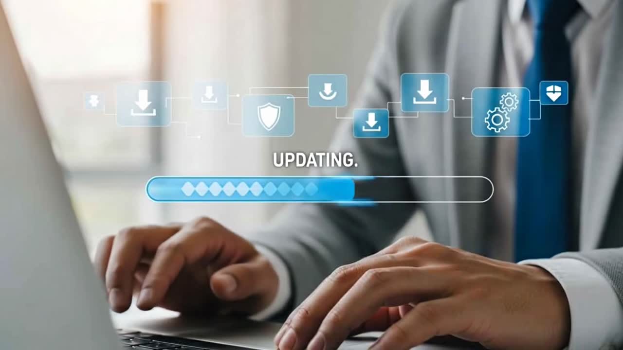 A man is typing on a laptop with a blue screen that says "updating"