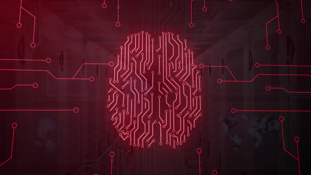 animación del patrón de la placa de circuito cerebro sobre los sistemas de servidor de datos en la sala de servidores
