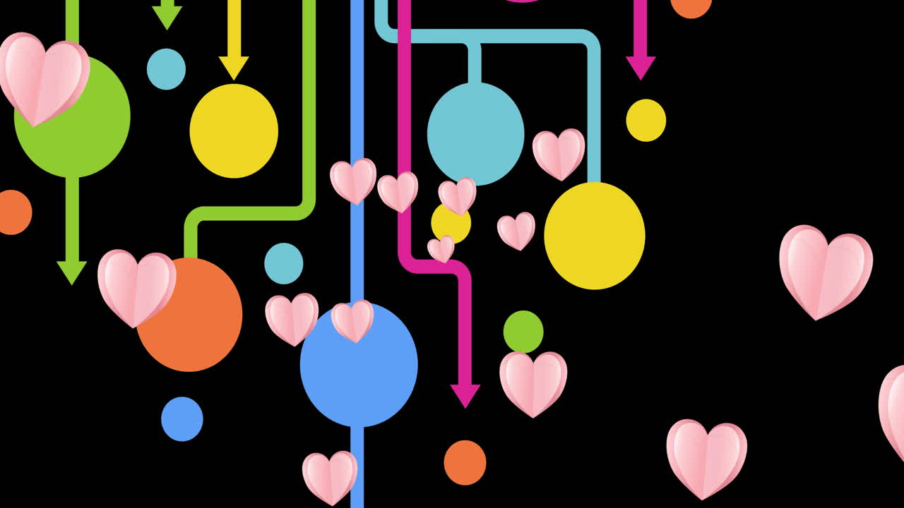 검은색 배경의 연결 네트워크를 이동하는 분홍색 심장의 애니메이션