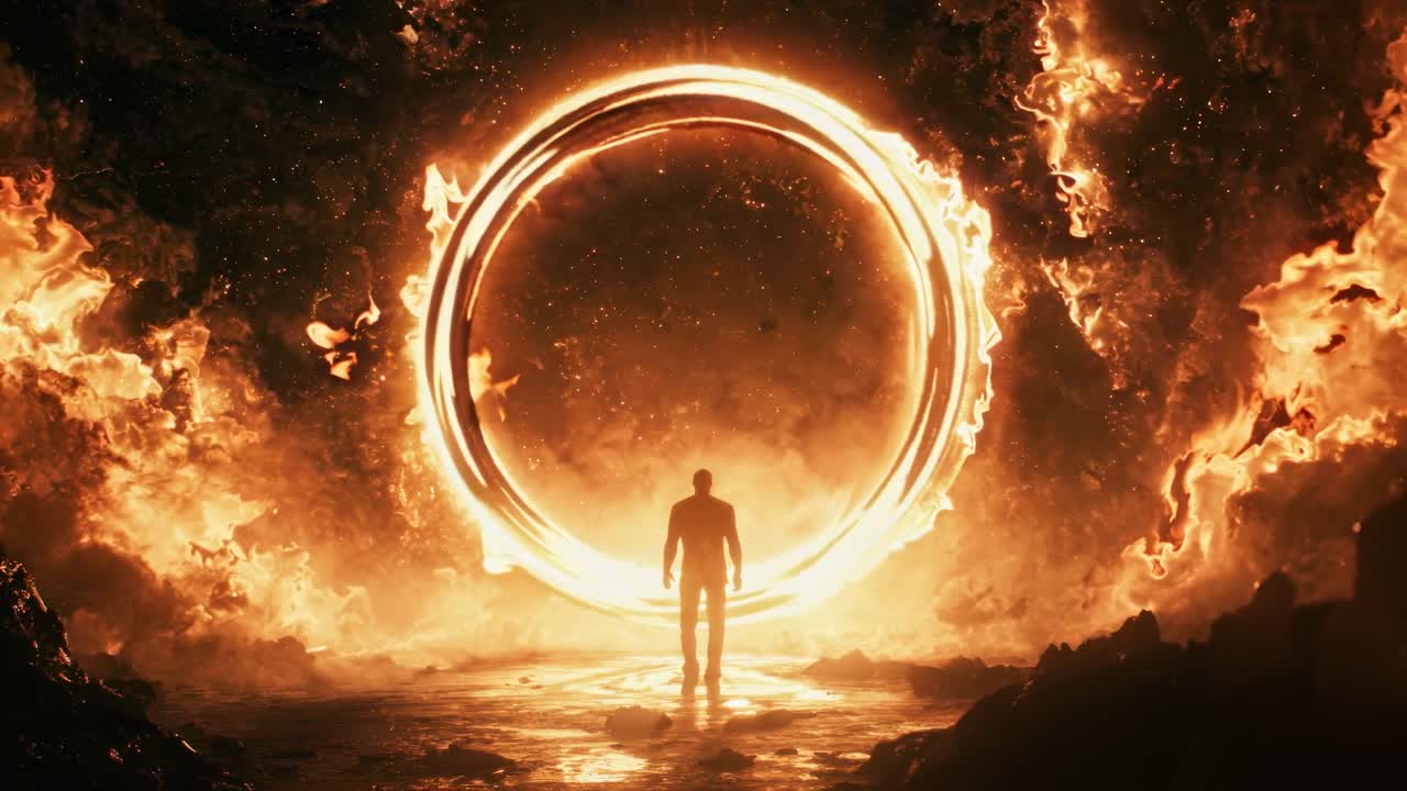 A silhouette stands before a fiery ring, surrounded by flames