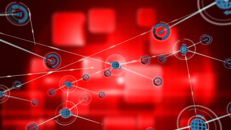 Animation-Von-Diagramm--Und-Globussymbolen,-Die-Mit-Linien-über-Leuchtenden,-Verschwommenen-Roten-Quadraten-Verbunden-Sind