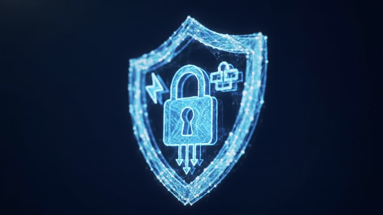 A Comprehensive Overview of Digital Security Represented by a Futuristic Shield and Lock Icon, Emphasizing Protection and Safety in the Cyber World