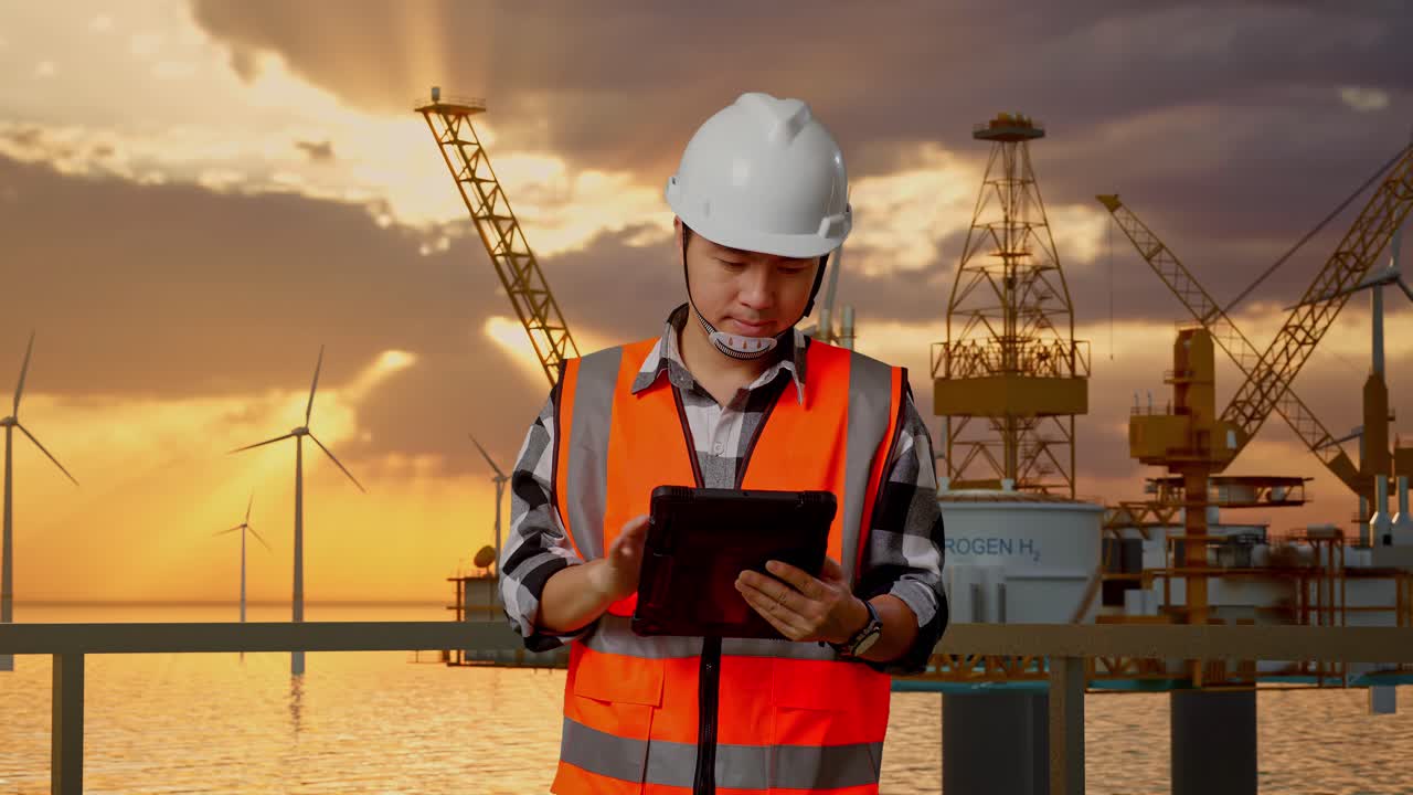 Asian Male Engineer With Safety Helmet Working On A Tablet While Standing With Offshore Hydrogen Production