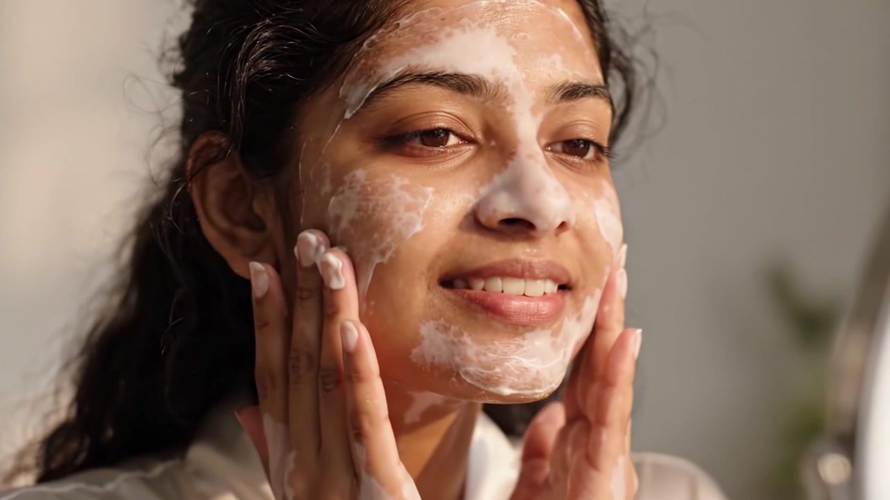 A Young Woman Engaging in a Relaxing Skincare Routine, Applying Cleansing Foam to Her Face in a Calm and Inviting Space, Emphasizing Self-Care and Beauty.