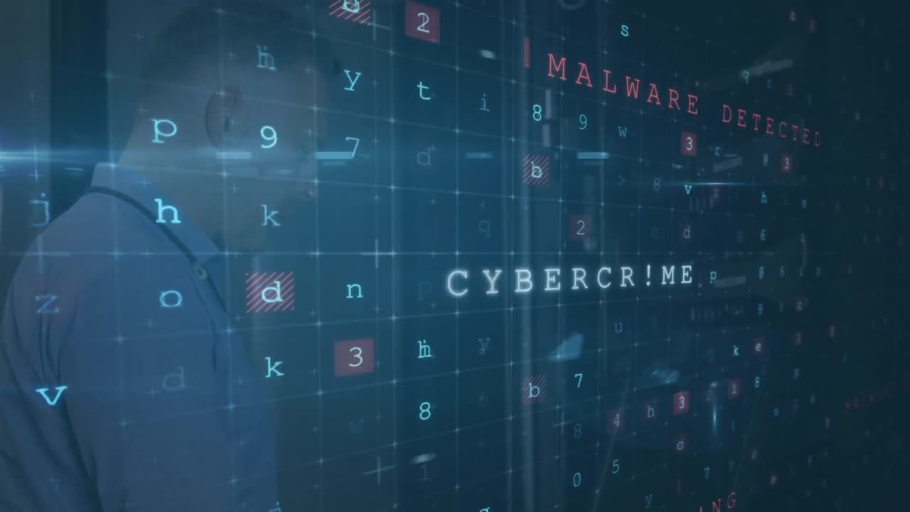 Animation of cyber attack text and data processing over caucasian male it technician by server