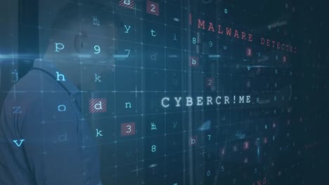 animation of cyber attack text and data processing over caucasian male it technician by server