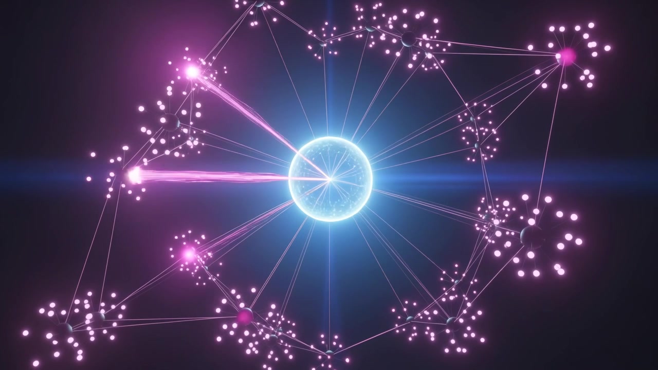 Nodi ad anello che emettono raggi dopo un impulso rosa verso un nucleo ciano nel vuoto, intensificando il bagliore, con lens flare.