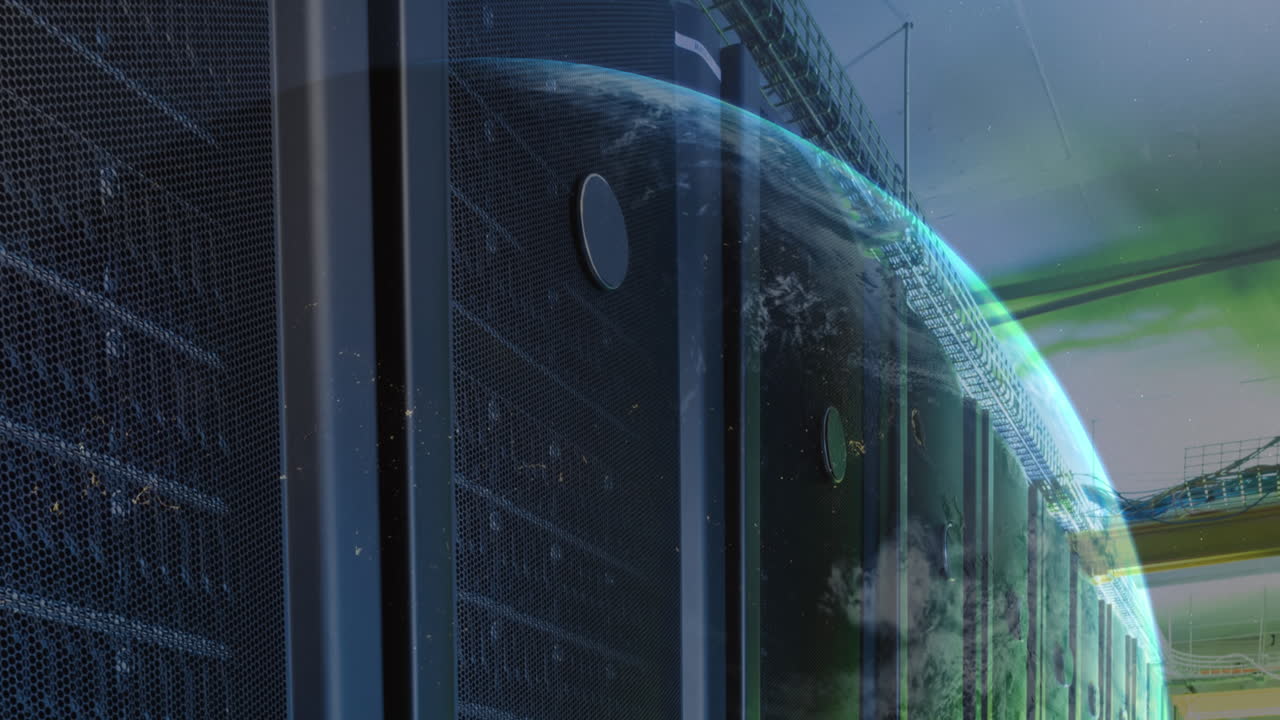 Animation of globe and light spot against computer server room