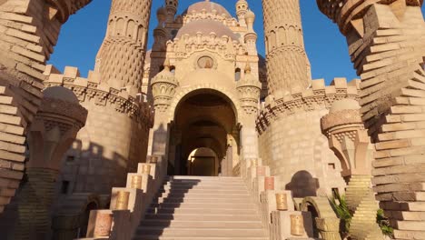 entrance stairway to al sahaba mosque, sharm el sheikh in egypt. handheld and low angle